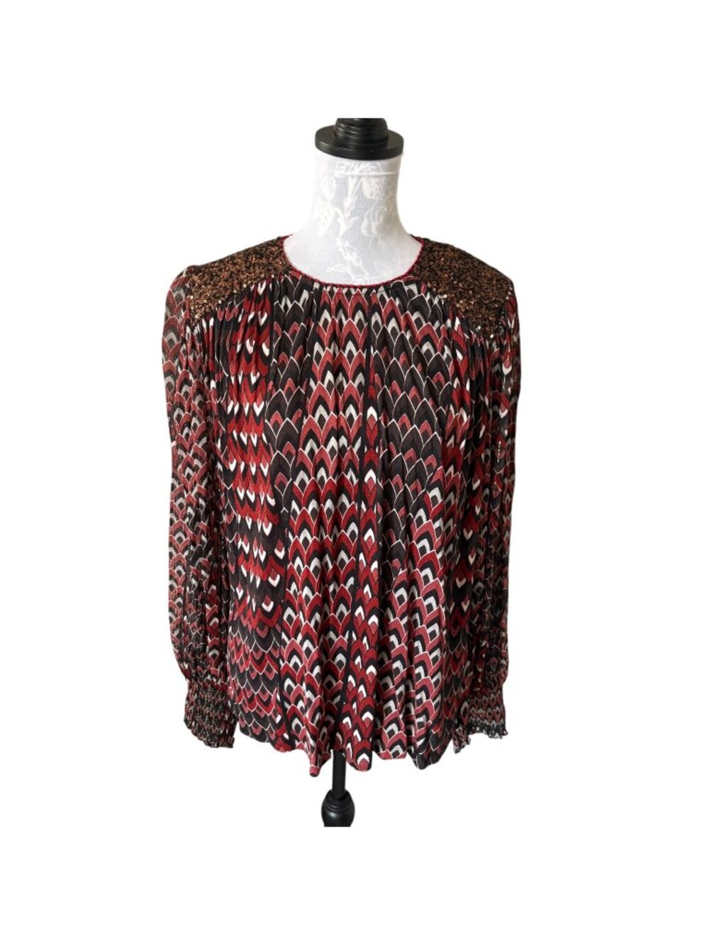 Blank London Blouse Womens Colorful Geometric Print Long Sleeve Large Boho
